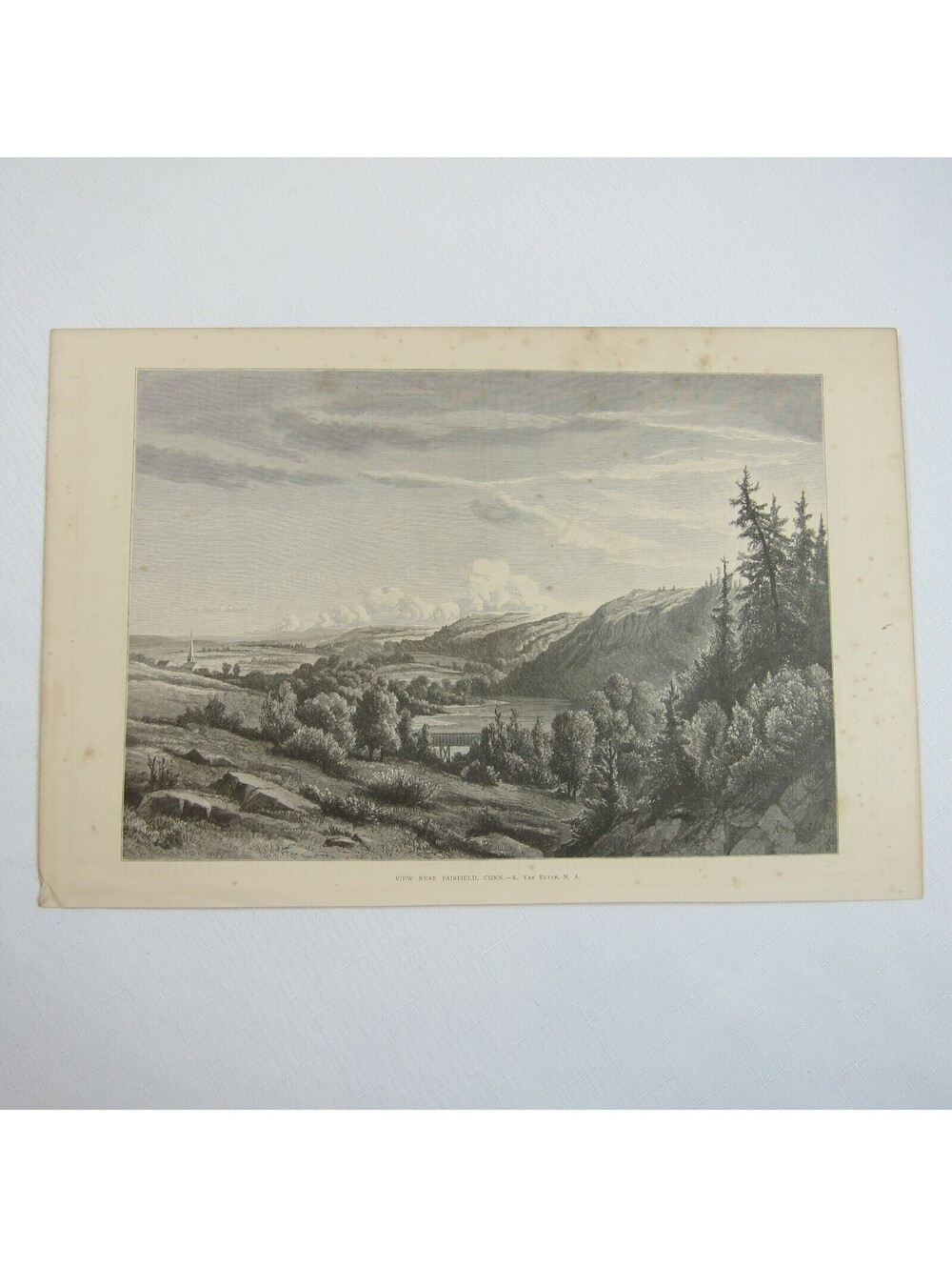 Antique 1874 Wood Engraving Print View Near Fairfield, Conn. Kruseman van Elten